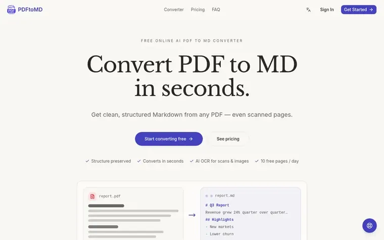 Screenshot of the PDFtoMD homepage