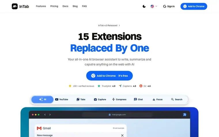 Screenshot of the InTab homepage