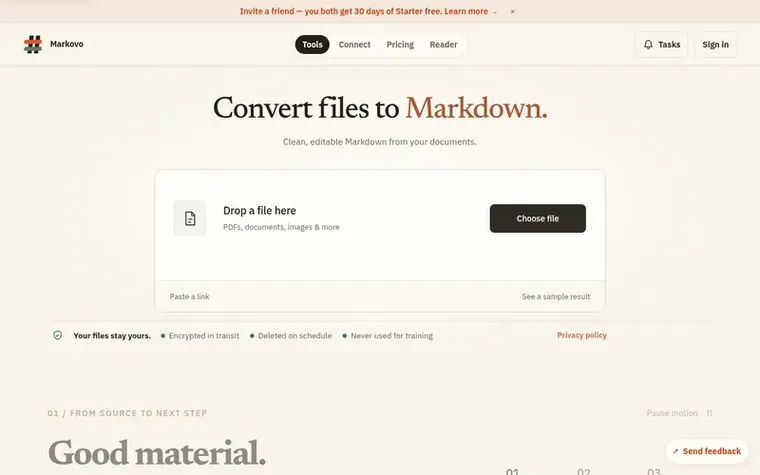 Screenshot of the Markovo homepage