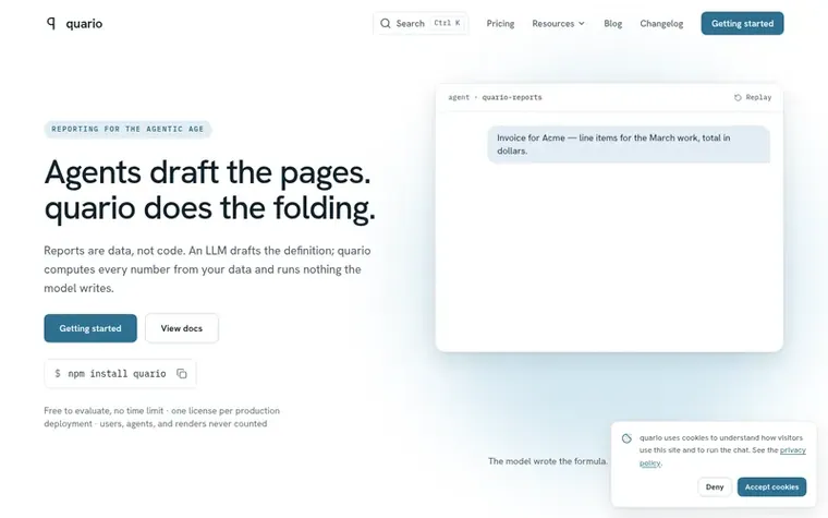 Screenshot of the quario homepage