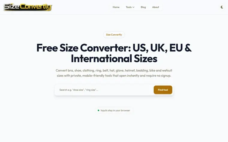 Screenshot of the Size Convertly homepage
