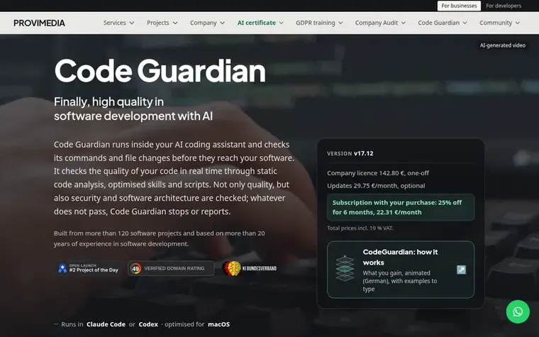 Screenshot of the Code Guardian homepage