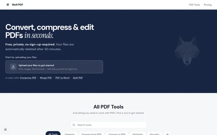Screenshot of the Wolf PDF homepage