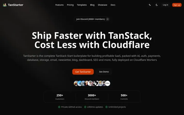 Screenshot of the TanStarter homepage