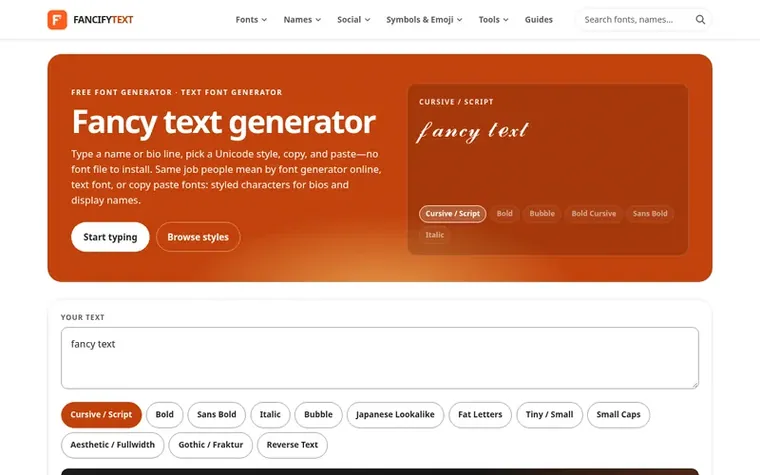 Screenshot of the FancifyText homepage