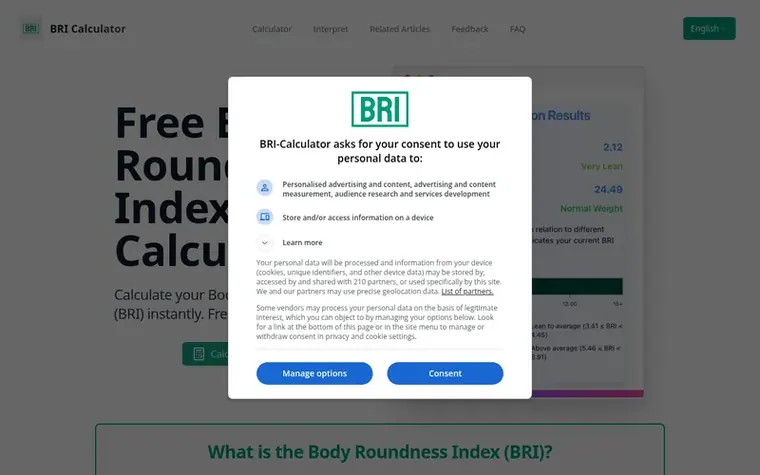 Screenshot of the BRI Calculator homepage