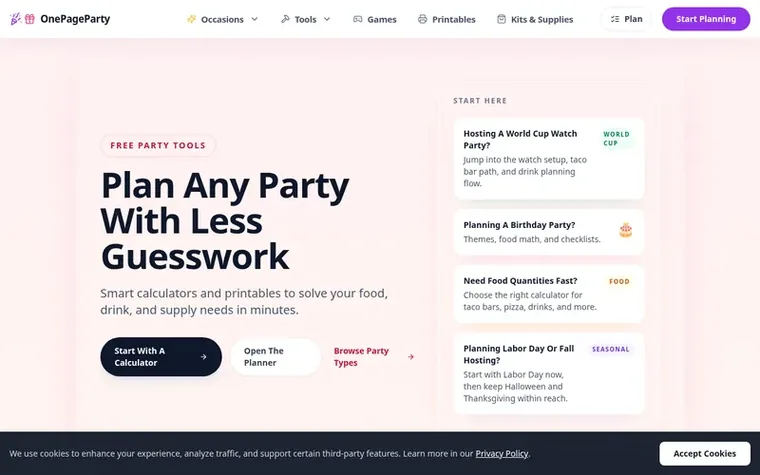 Screenshot of the OnePageParty homepage