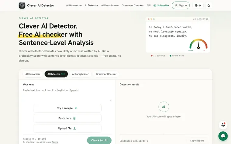 Screenshot of the Clever AI Detector homepage