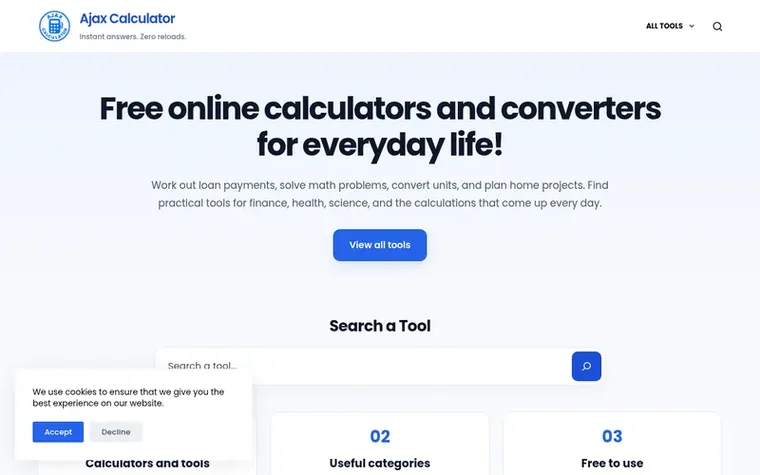 Screenshot of the Ajax Calculator homepage