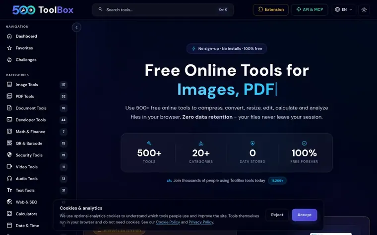 Screenshot of the 500 ToolBox homepage