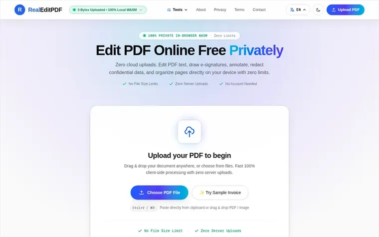 Screenshot of the RealEditPDF homepage