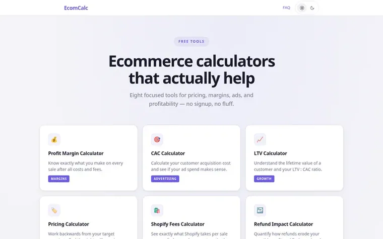 Screenshot of the EcomCalc homepage