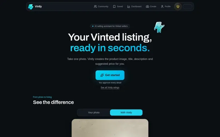 Screenshot of the Vintly homepage
