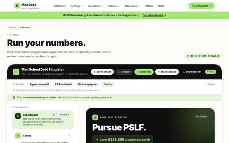 Screenshot of the MedDebt Calculator homepage