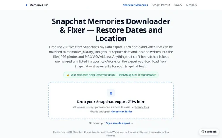 Screenshot of the Memories Fix homepage