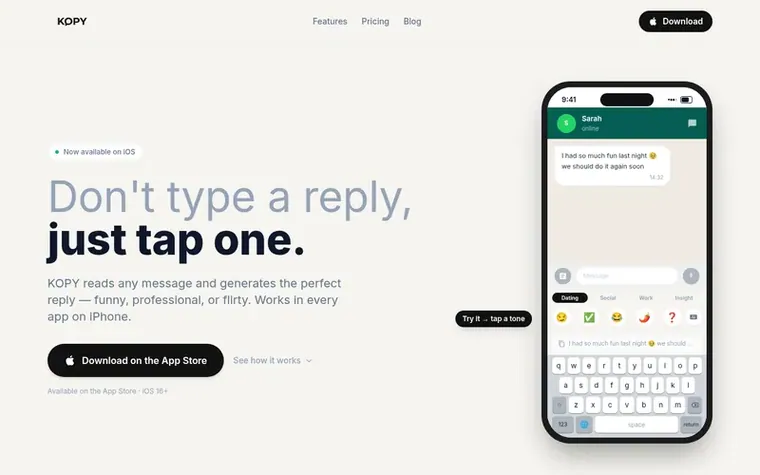 Screenshot of the KOPY homepage
