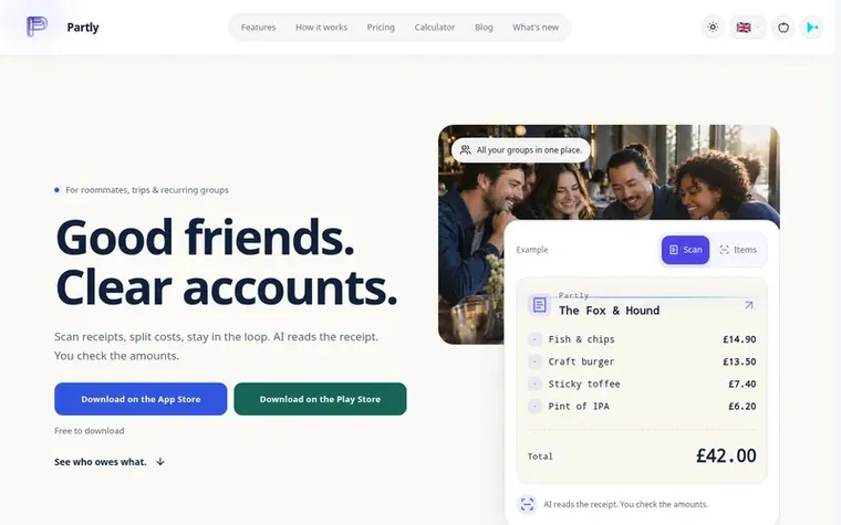 Screenshot of the Partly homepage