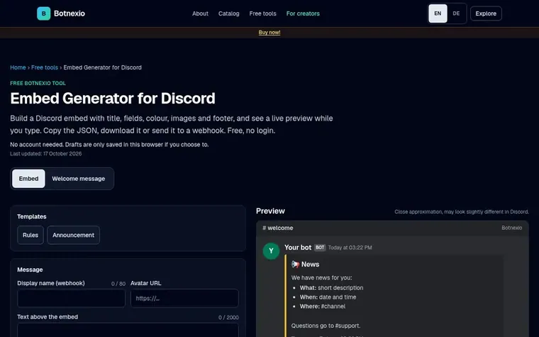 Screenshot of the Embed Generator for Discord homepage