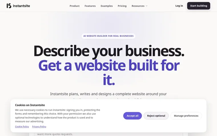 Screenshot of the Instantsite homepage