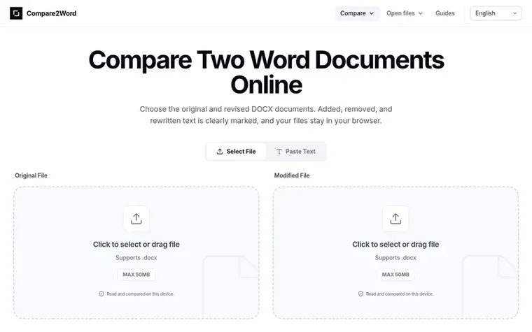 Screenshot of the Compare2Word homepage