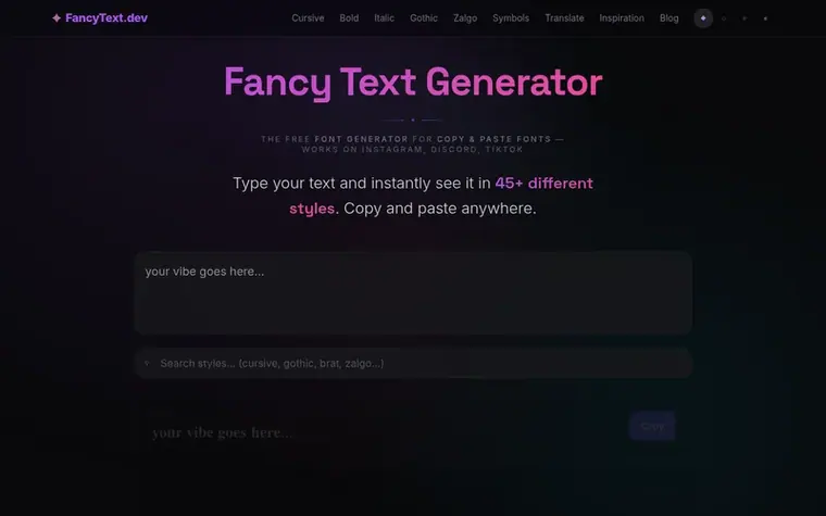 Screenshot of the Fancy Text Generator homepage