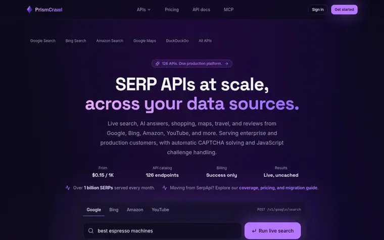 Screenshot of the PrismCrawl homepage