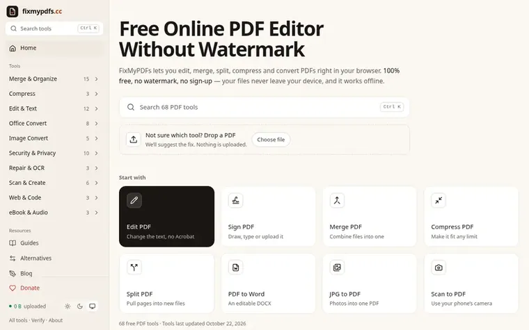 Screenshot of the FixMyPDFs homepage