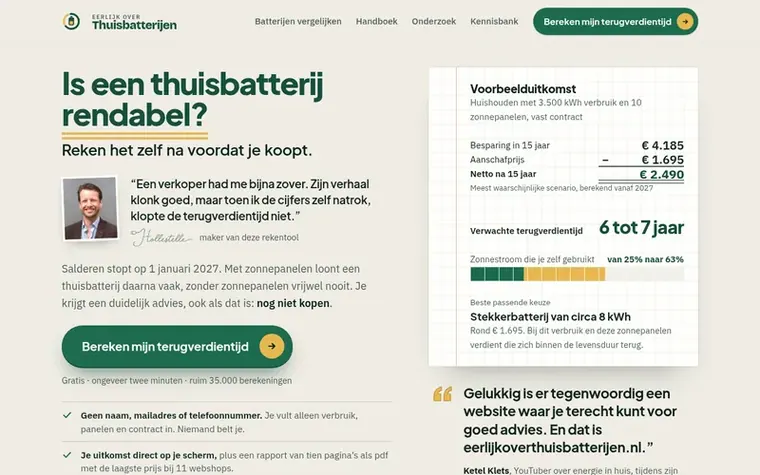 Screenshot of the Eerlijk over Thuisbatterijen homepage