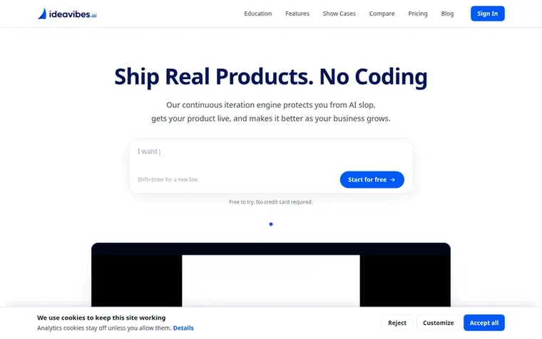 Screenshot of the Ideavibes AI homepage