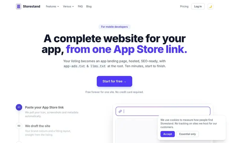 Screenshot of the Storestand homepage