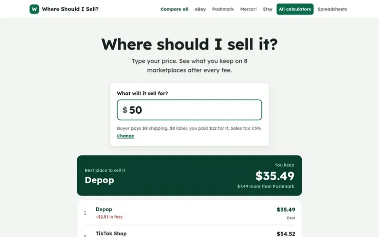 Screenshot of the Where Should I Sell? homepage