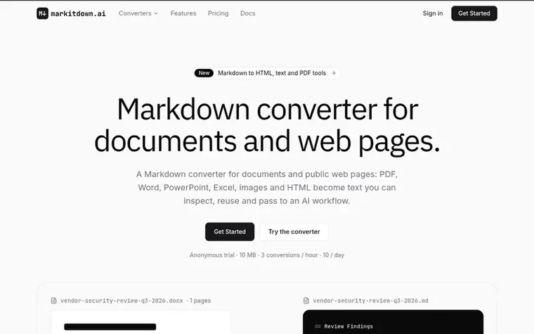 Screenshot of the markitdown.ai homepage