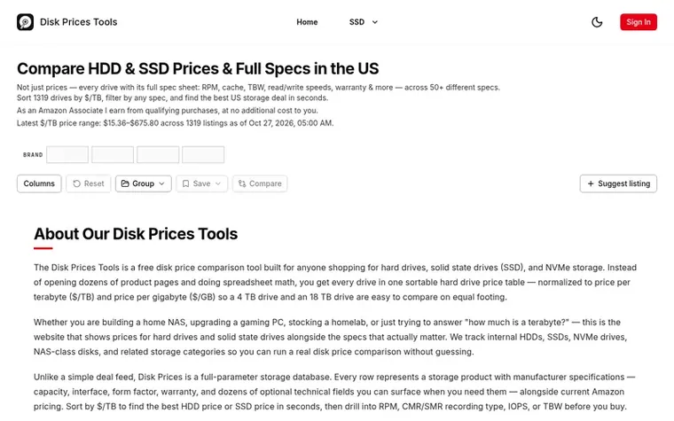Screenshot of the Disk Prices homepage