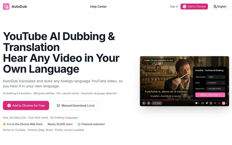 Screenshot of the AutoDub homepage