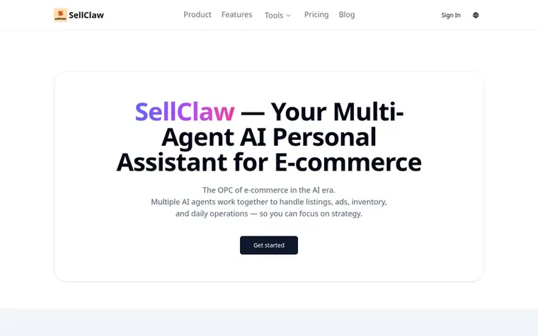 Screenshot of the SellClaw homepage