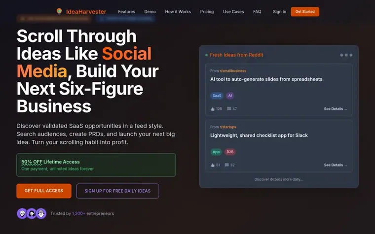 Screenshot of the IdeaHarvester homepage