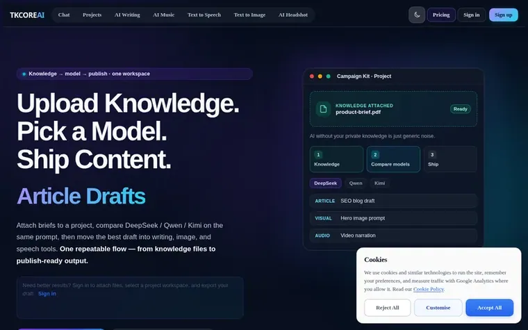Screenshot of the TKCORE AI homepage
