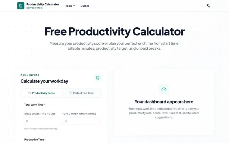 Screenshot of the Productivity Calculator homepage