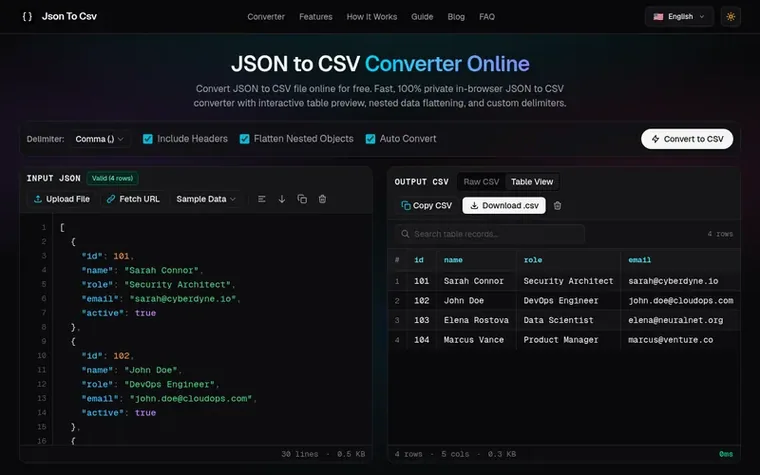 Screenshot of the JSON to CSV Converter homepage