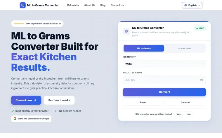 Screenshot of the ML to Grams Converter homepage