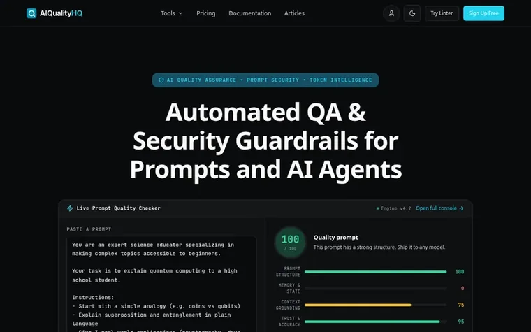 Screenshot of the AIQualityHQ homepage