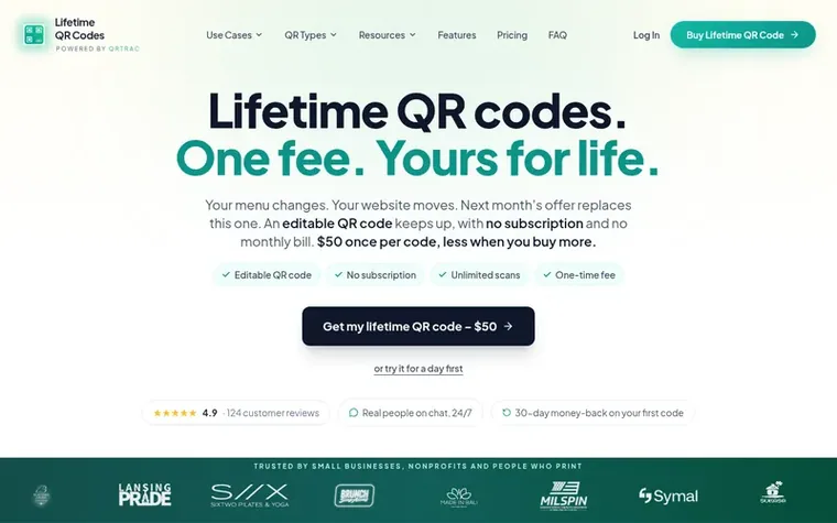 Screenshot of the Lifetime QR Codes homepage