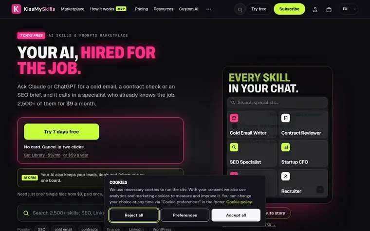 Screenshot of the KissMySkills homepage