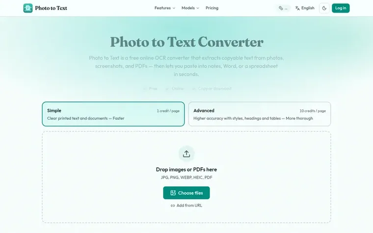 Screenshot of the Photo to Text homepage