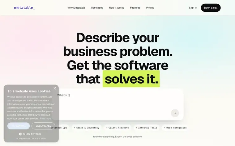 Screenshot of the Metatable homepage