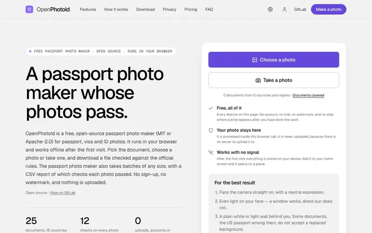 Screenshot of the OpenPhotoId homepage