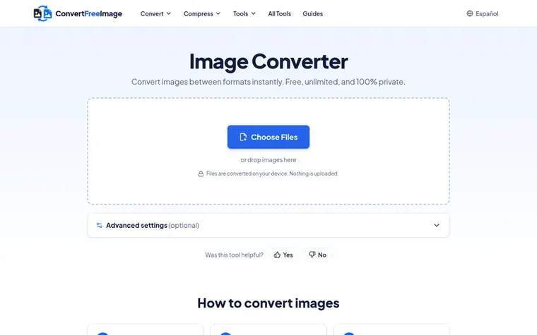 Screenshot of the ConvertFreeImage homepage