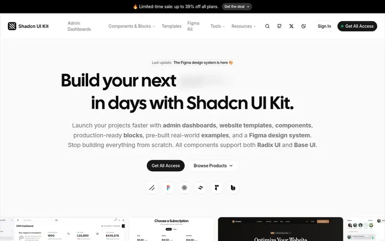 Screenshot of the Shadcn UI Kit homepage