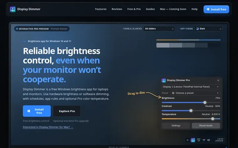 Screenshot of the Display Dimmer homepage