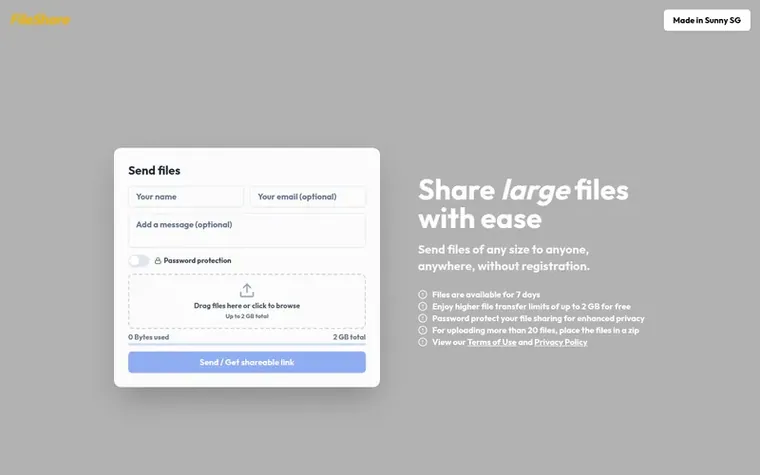Screenshot of the FileShare.dev homepage